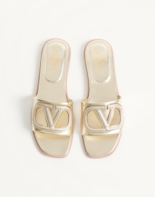 Valentino Garavani - Vlogo Cut-out Laminated Nappa Leather Slide Sandal - Platinum/antique Brass - Woman - Sandals
